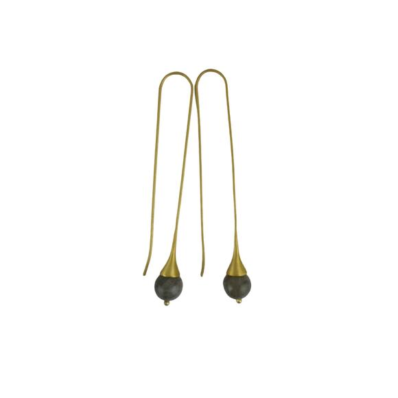 Labradorite Gemstone Balls Long Satin Gold Kidney Ear Wires Earrings - Picture 1 of 3